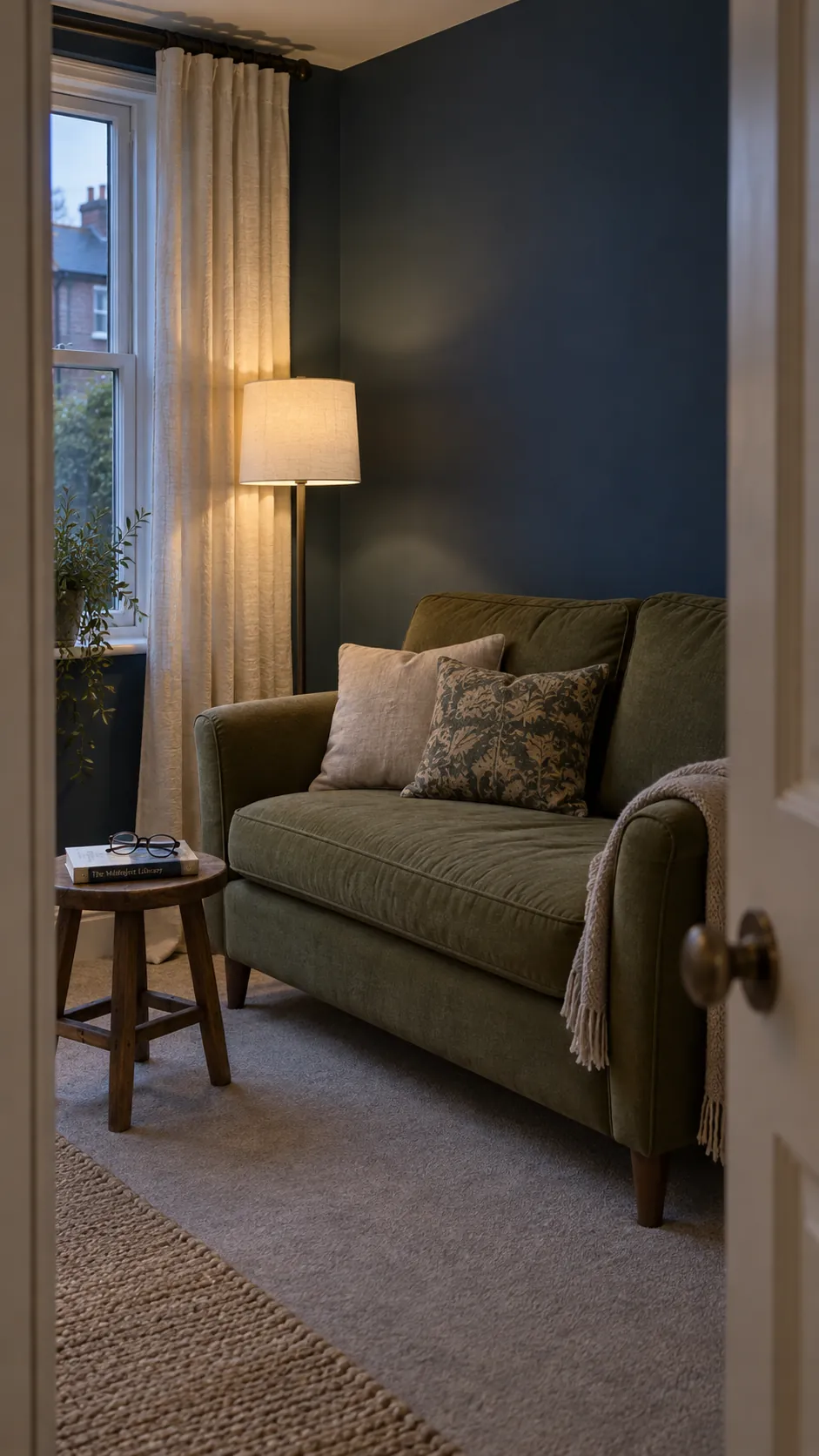 Deep blue snug with moss green loveseat and parchment linen curtains