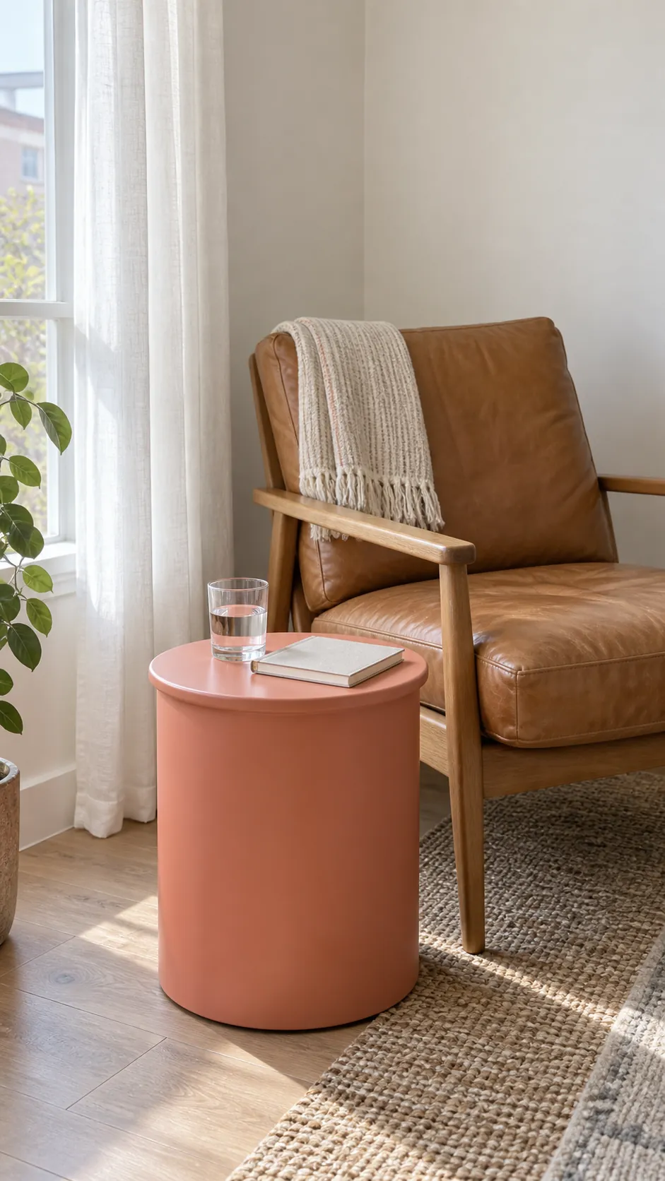 Soft white apartment corner with tan leather chair and muted coral side table