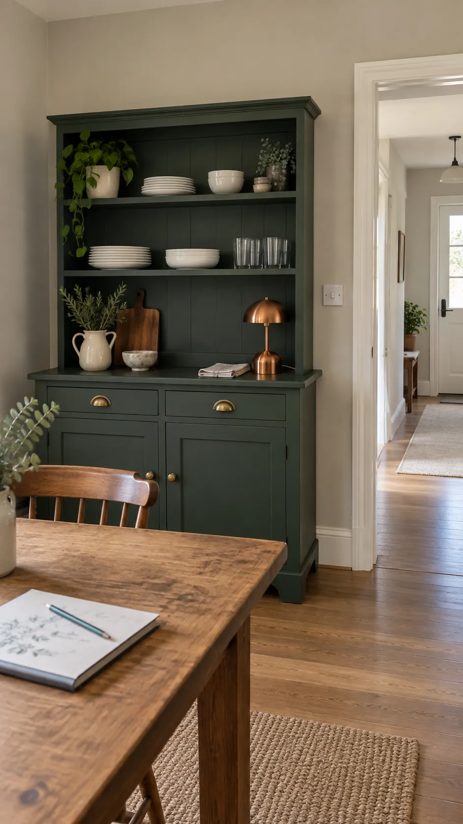Stone dining room walls with evergreen dresser and small copper lamp