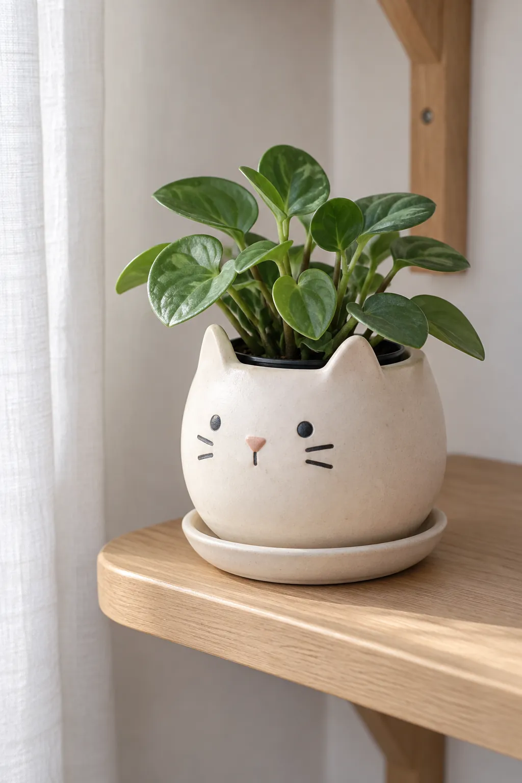 A small matte ivory ceramic cat planter with short triangular ears and a compact peperomia