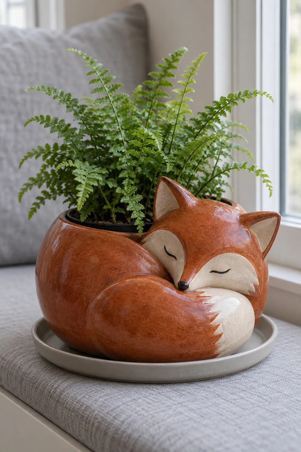 A curled rust-colored ceramic fox holder with a compact fern in a removable nursery pot