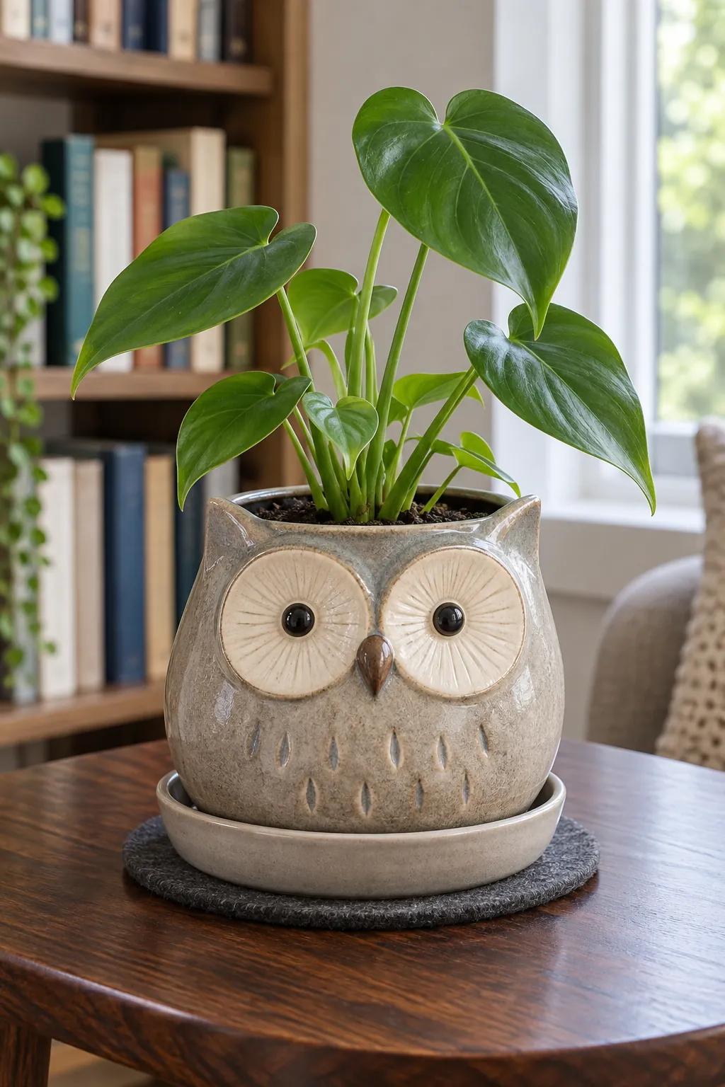 A stoneware owl planter with a broad opening and a small upright philodendron