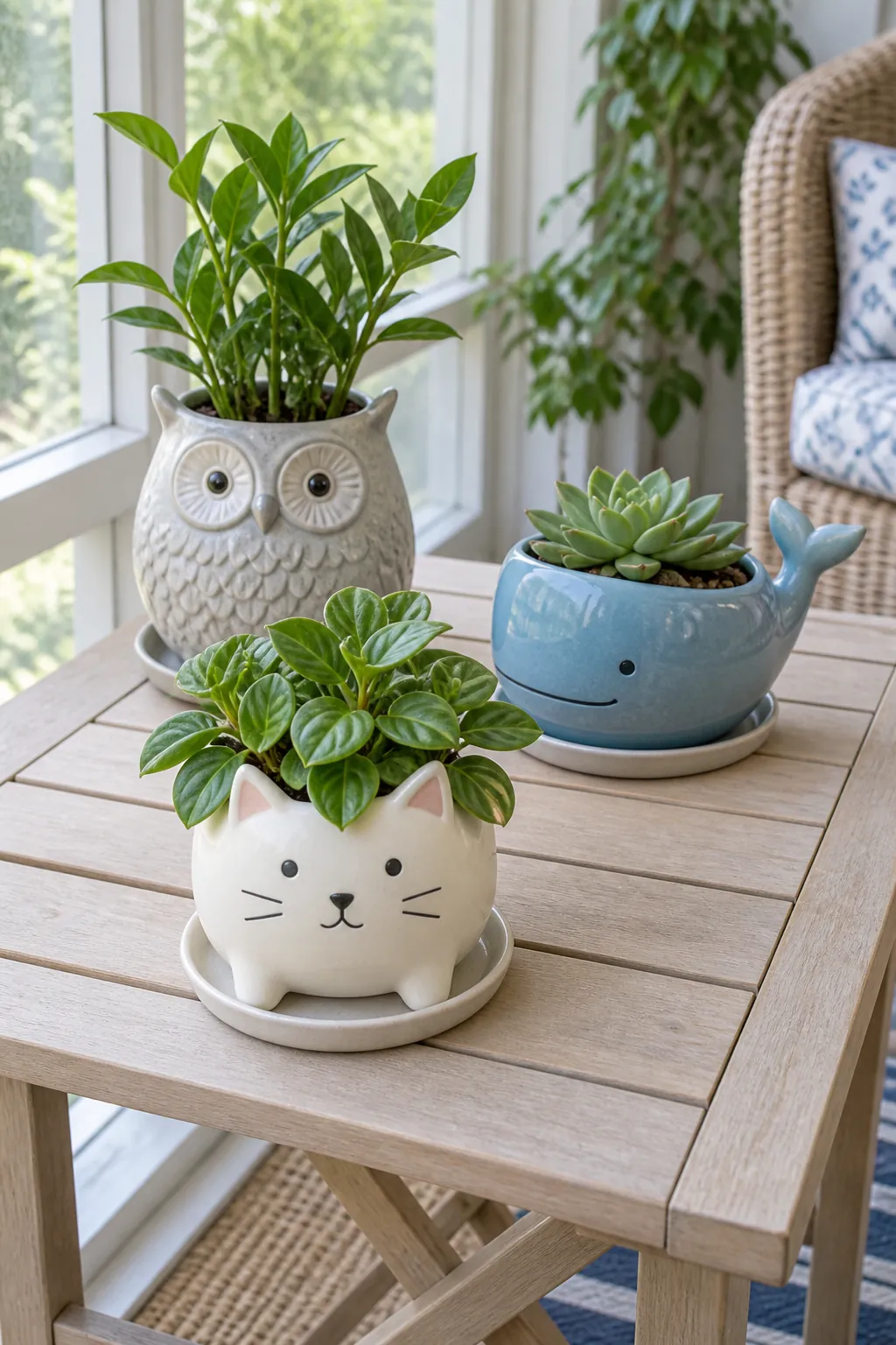 Cat, owl, and whale ceramic animal planters with separate small green plants