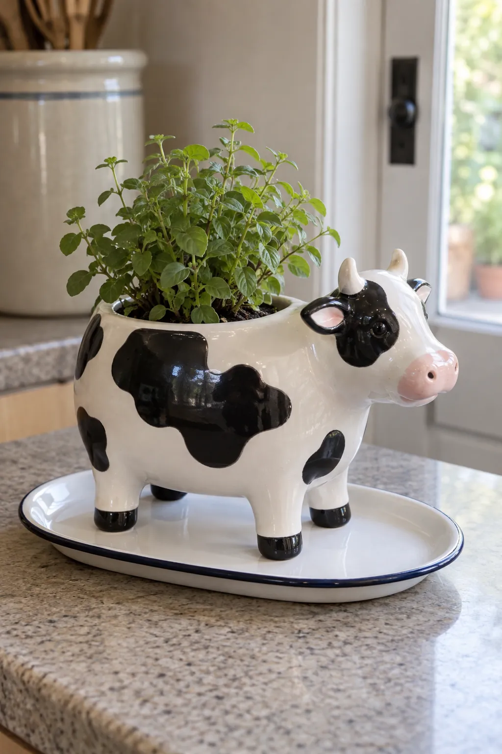 A black-and-white ceramic cow planter on short sturdy legs with a small herb-like foliage plant