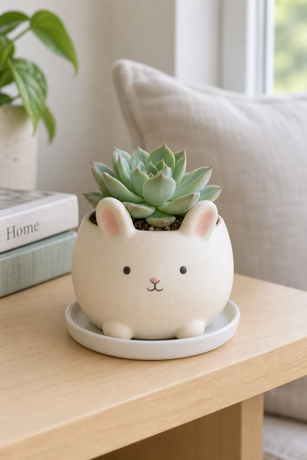 A matte cream rabbit planter with short rounded ears and a small echeveria