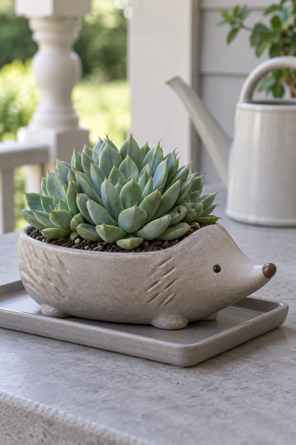 A low hedgehog planter with a single compact succulent cluster forming a spiny-looking back