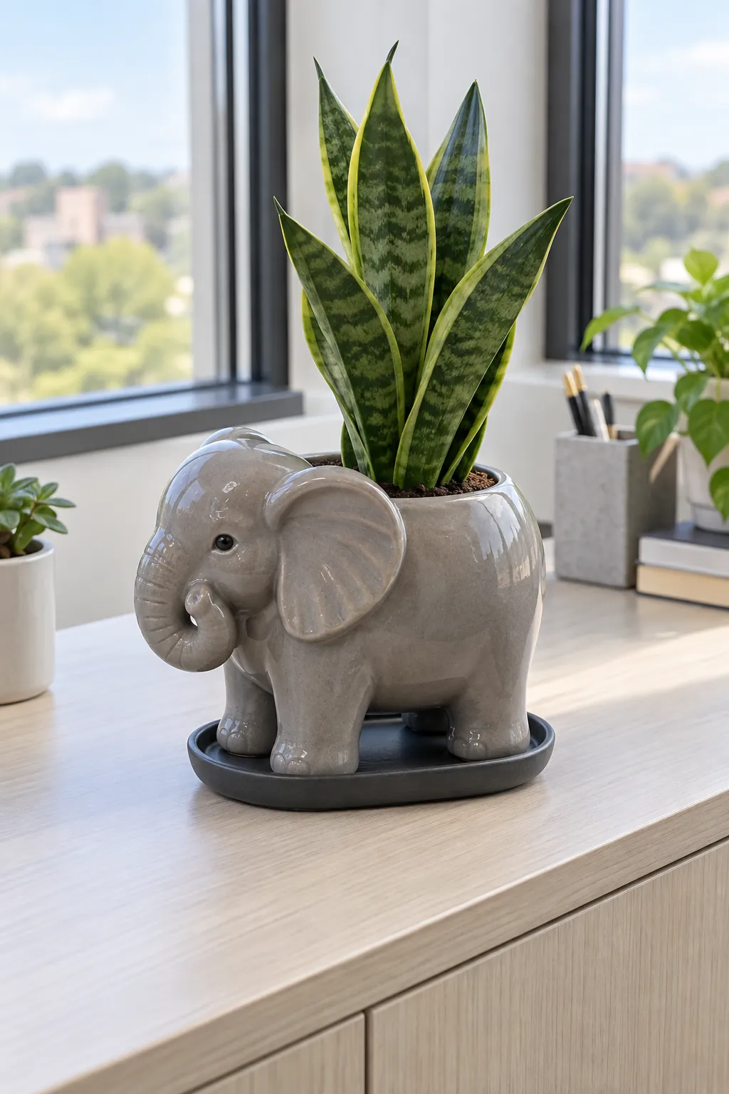A compact gray ceramic elephant planter with a close-curled trunk and upright snake plant