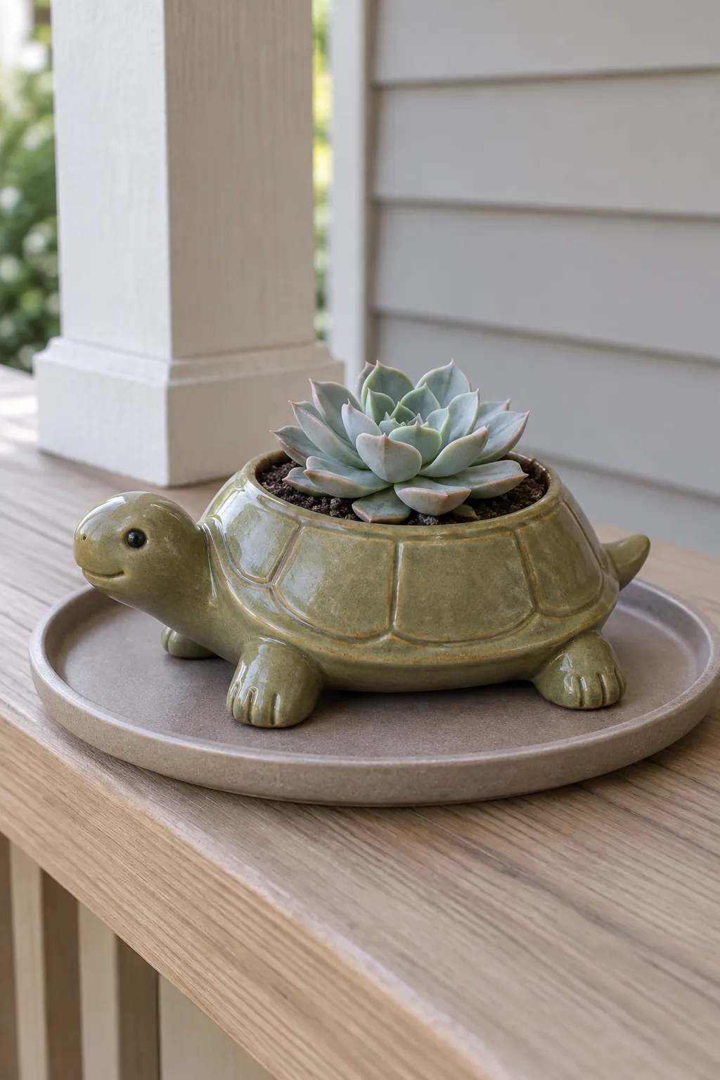 A low ceramic turtle planter with a planted shell and a single small rosette