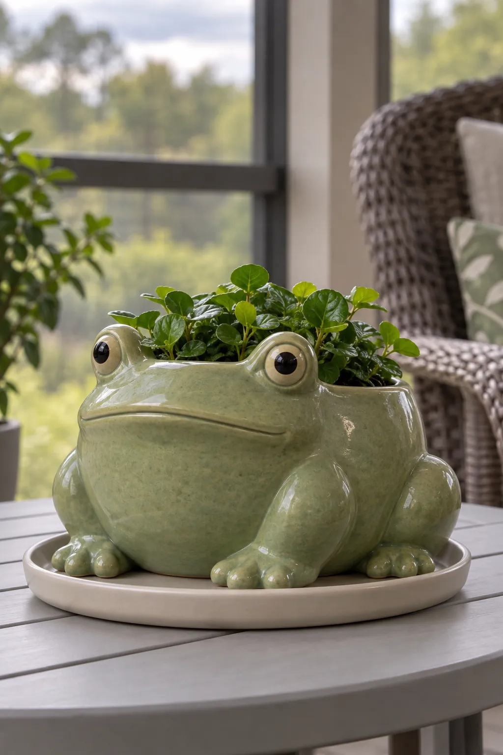 A squat sage-green frog planter with raised eyes and low compact foliage