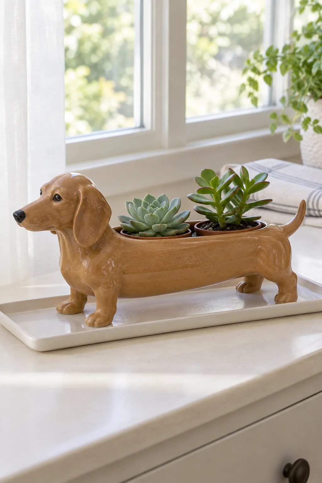 A dachshund-shaped ceramic trough with two modest compatible succulents in separate inner pots