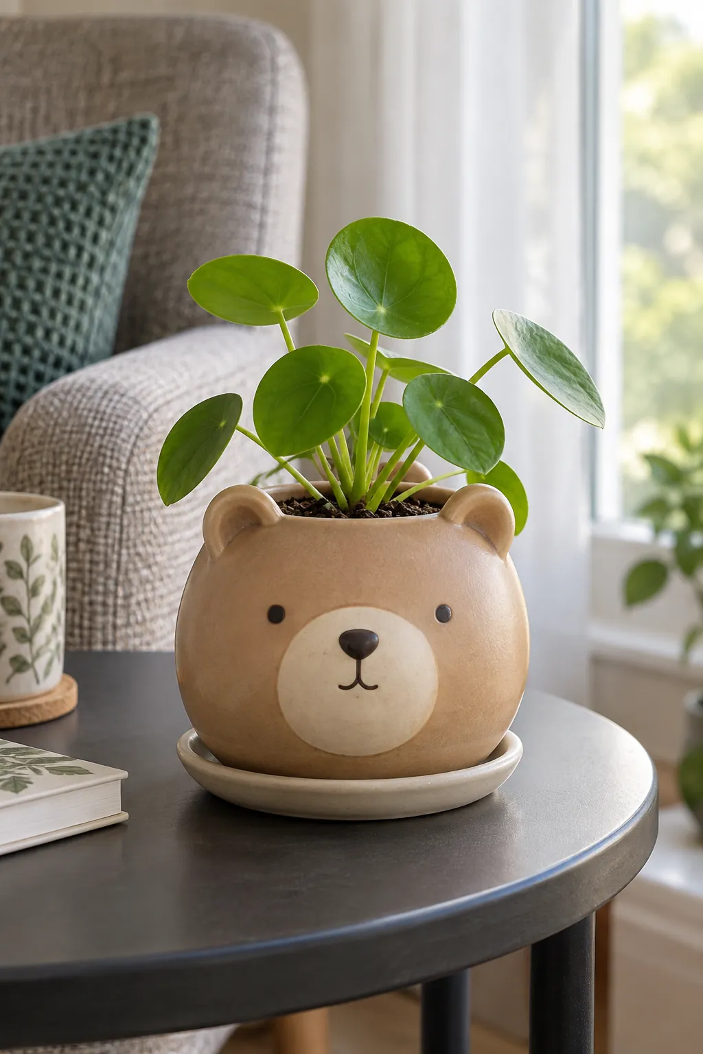 A rounded tan bear-face pot with small ears and a compact pilea