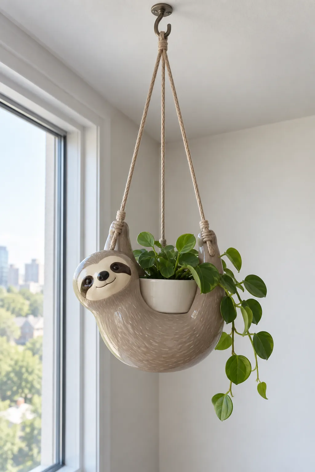 A ceramic sloth holder cradling a removable pot with a modest trailing peperomia