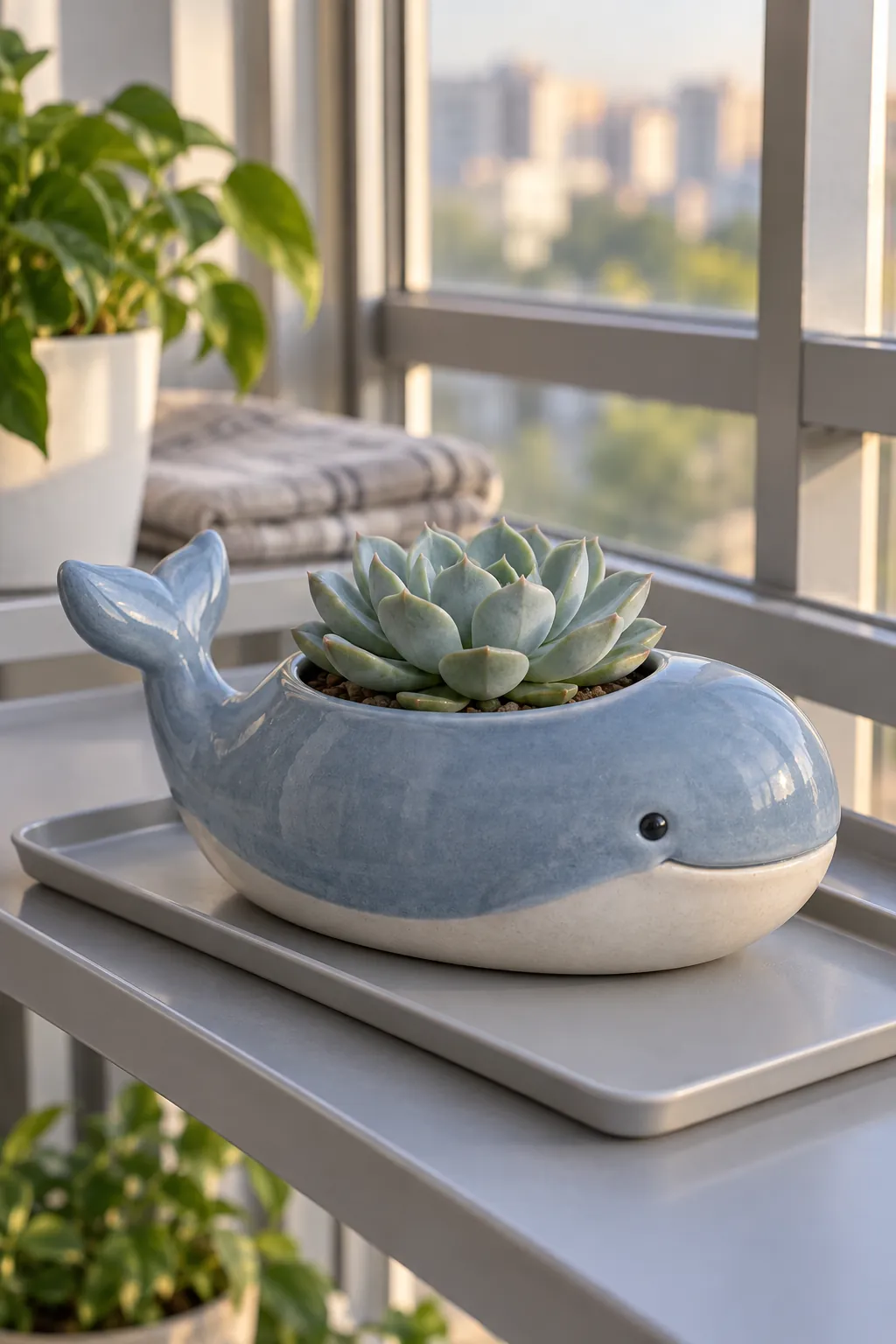 A muted blue whale planter with a broad back opening and a compact rosette