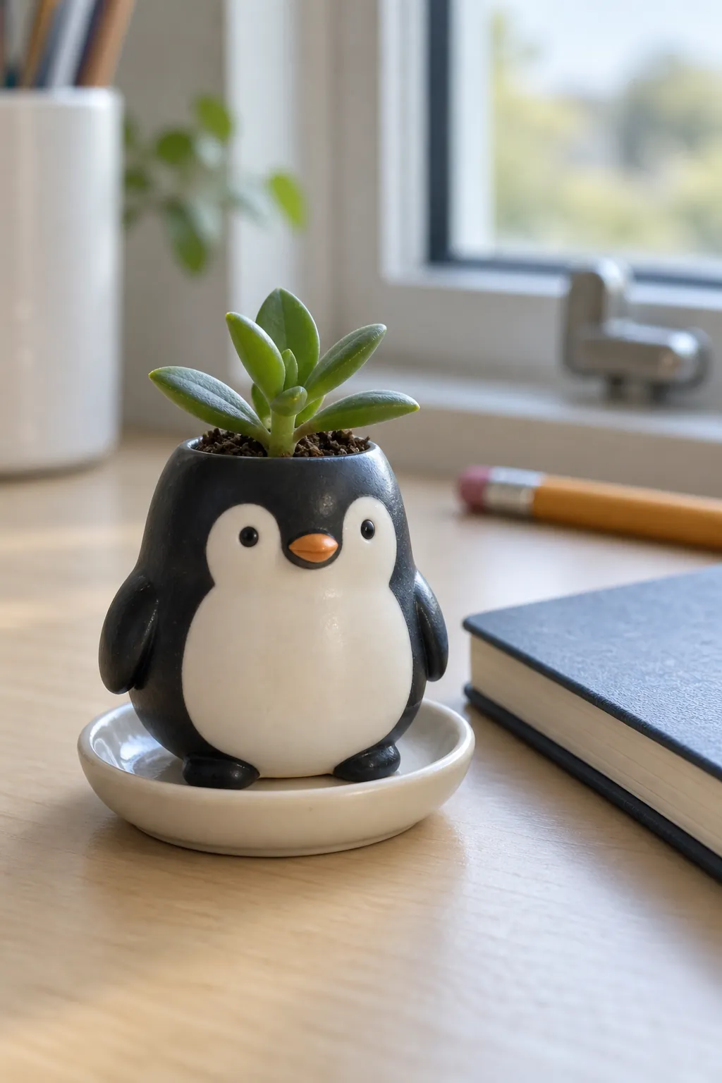 A miniature black-and-white penguin pot with one small rooted succulent