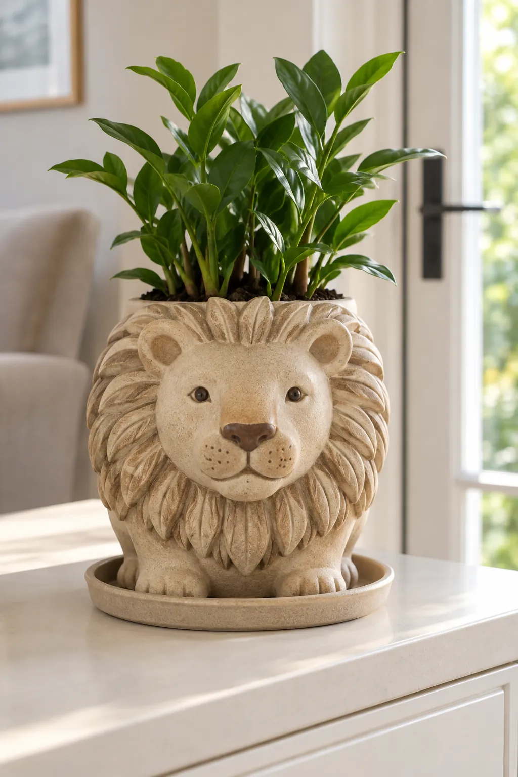 A warm stone-colored lion planter with a shallow textured mane and a compact leafy plant
