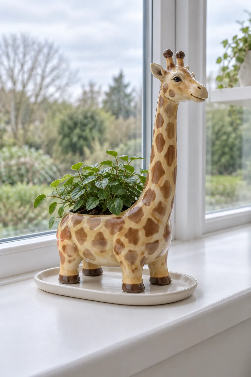 A giraffe planter with a broad low body, short sturdy legs, and a compact plant in its back