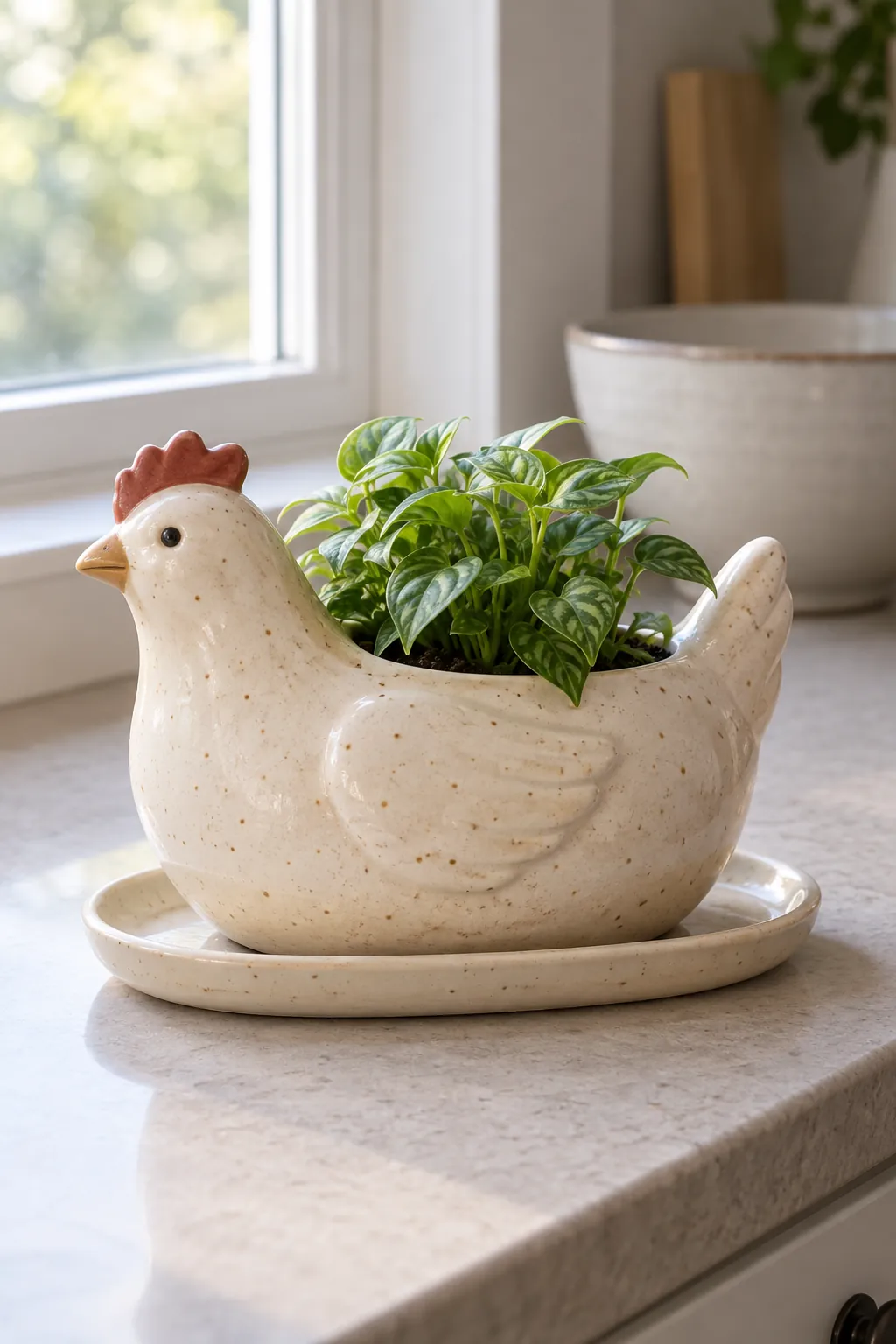 A low cream ceramic hen planter with sparse brown flecks and a small foliage plant