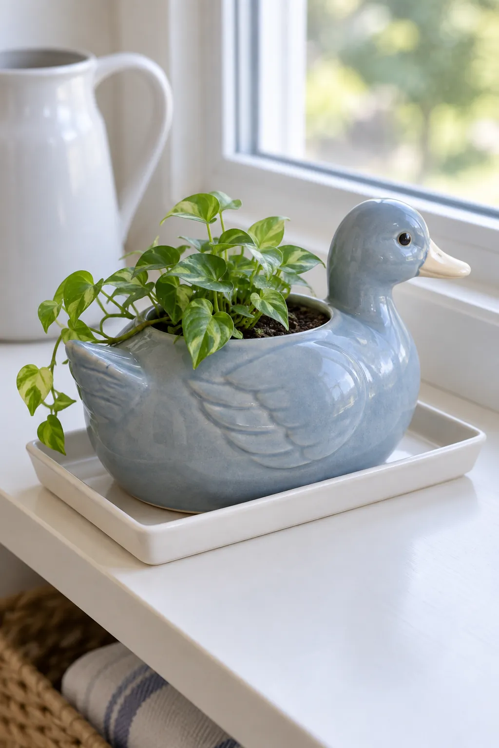 A muted blue ceramic duck planter with a small trailing plant directed away from the beak