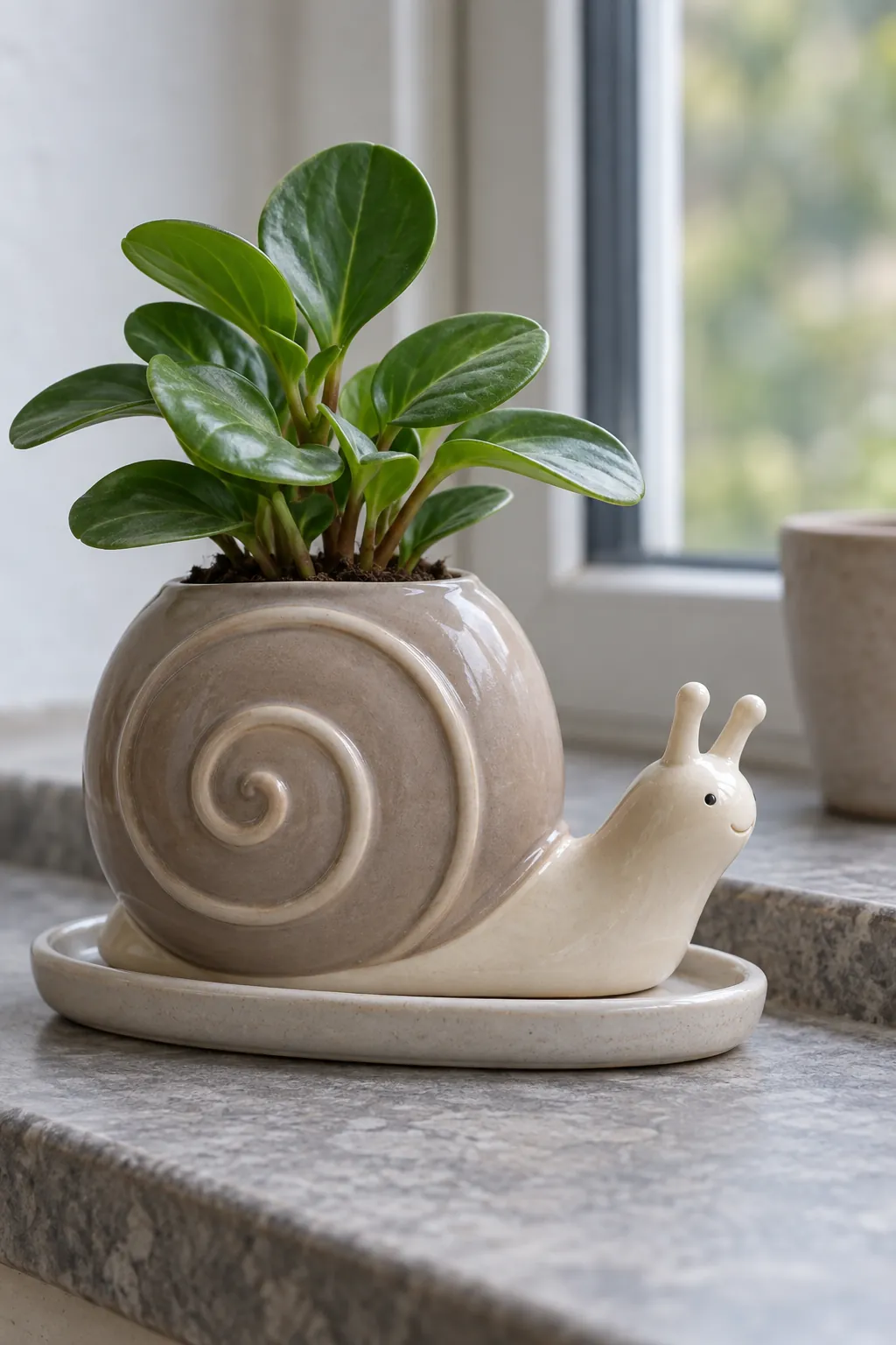 A small ceramic snail planter with a spiral shell opening and upright peperomia
