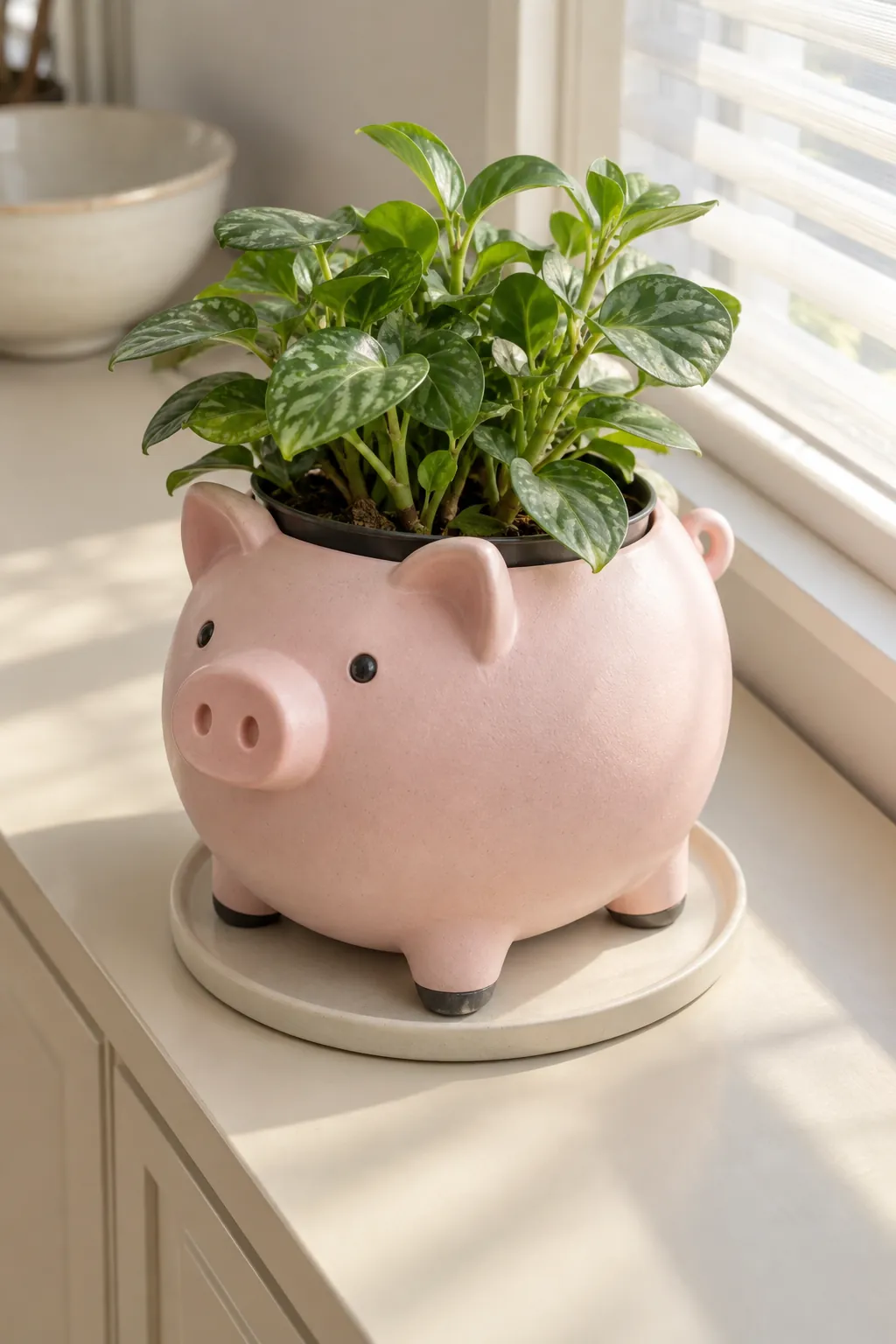 A rounded pale-pink pig cover pot with a small removable nursery pot and compact plant