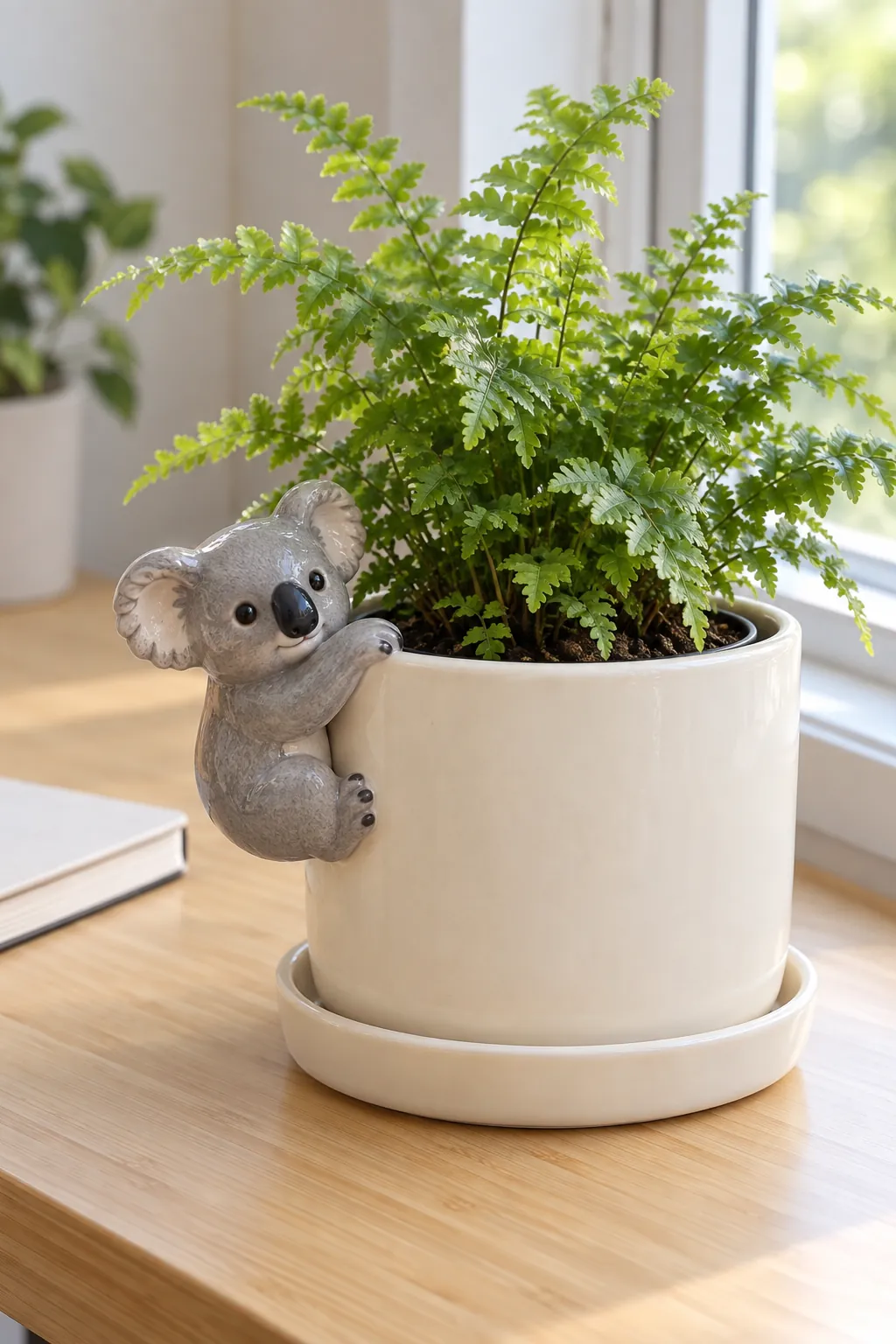 A gray koala attached to the side of a straightforward cream planter with a compact fern