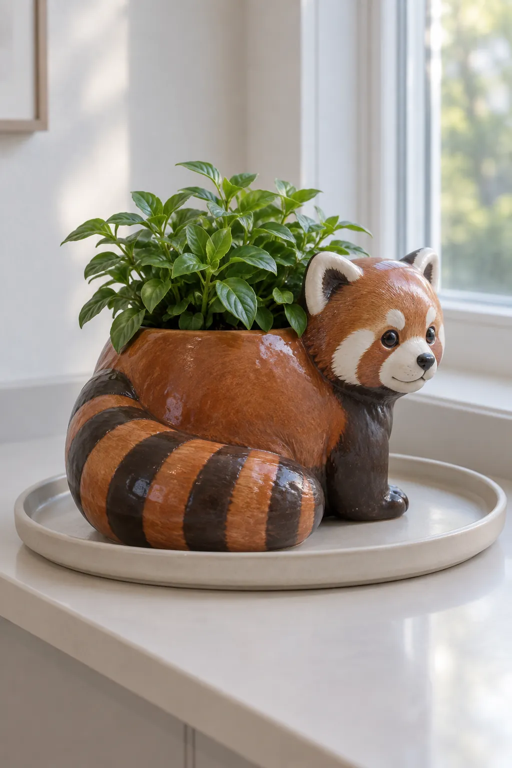 A red panda ceramic planter with a striped tail and low green foliage