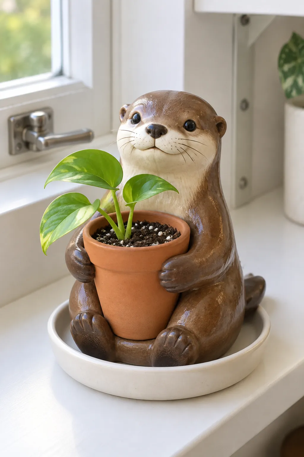 A ceramic otter holder cradling a separate tiny terracotta pot with a rooted cutting