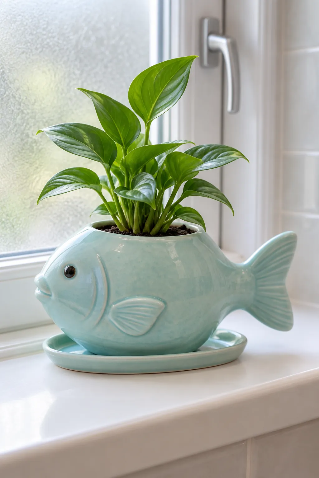 A pale aqua fish-shaped planter with a deep rounded body and a compact green plant
