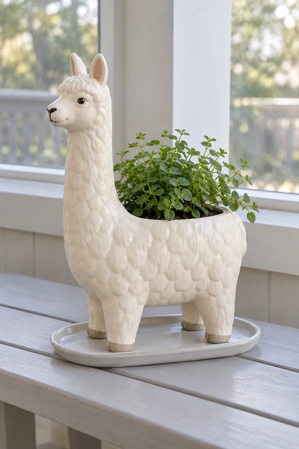 An ivory alpaca planter with a bowl-shaped back and compact tufted foliage