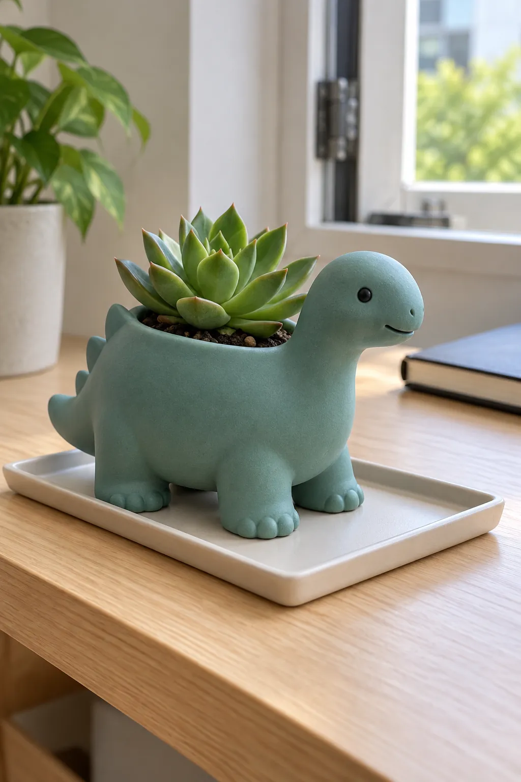 A rounded muted-teal dinosaur planter with broad feet and a compact succulent
