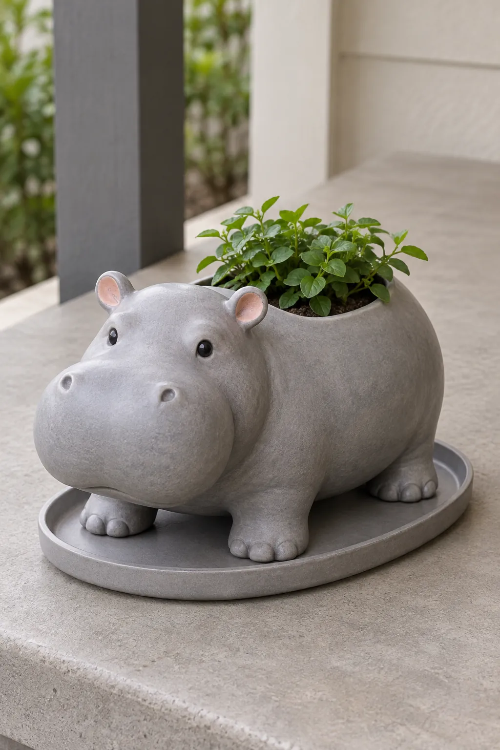 A squat gray hippo planter with a shallow back opening and a low green plant