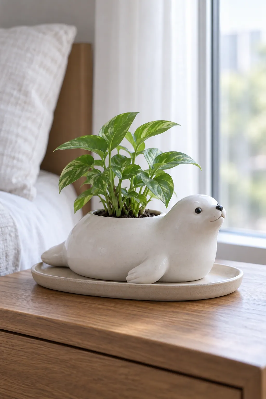 A smooth pale seal planter with a centered compact plant