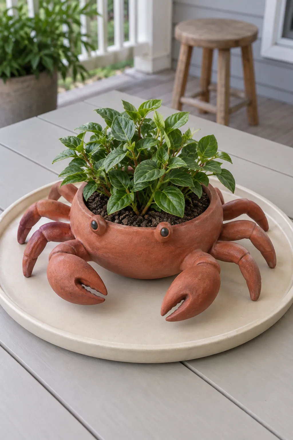 A muted terracotta-red crab planter with a central round bowl and compact foliage