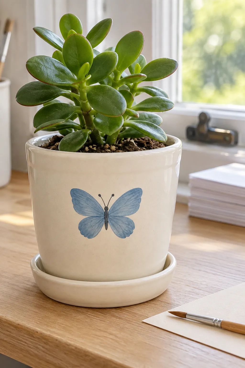 A plain cream pot with one painted blue butterfly and a compact jade plant