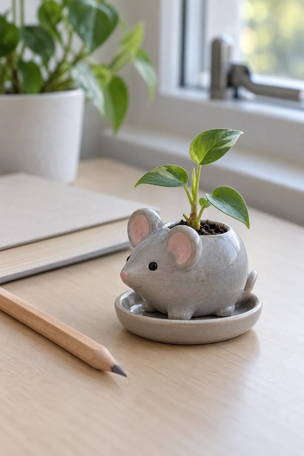 A tiny gray mouse planter with rounded ears, a short tucked tail, and a small rooted cutting
