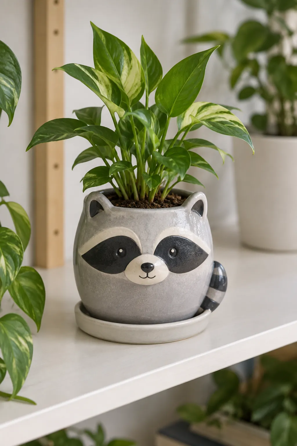 A gray raccoon planter with a dark eye mask and compact upright foliage