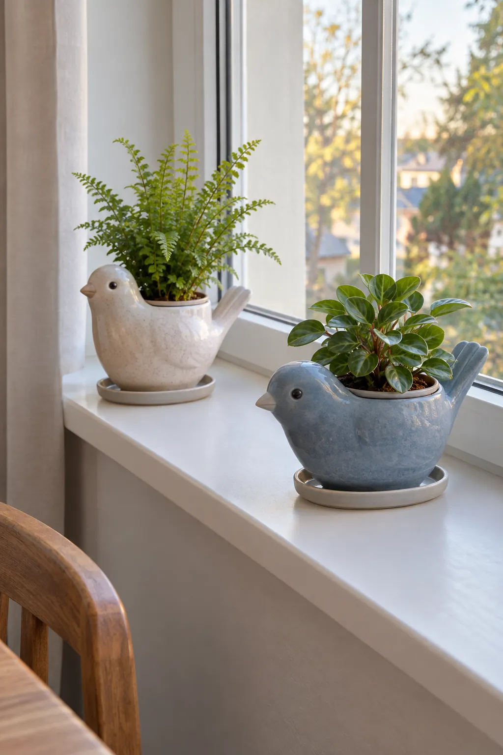 Two small ceramic bird holders in different poses with separate modest green plants