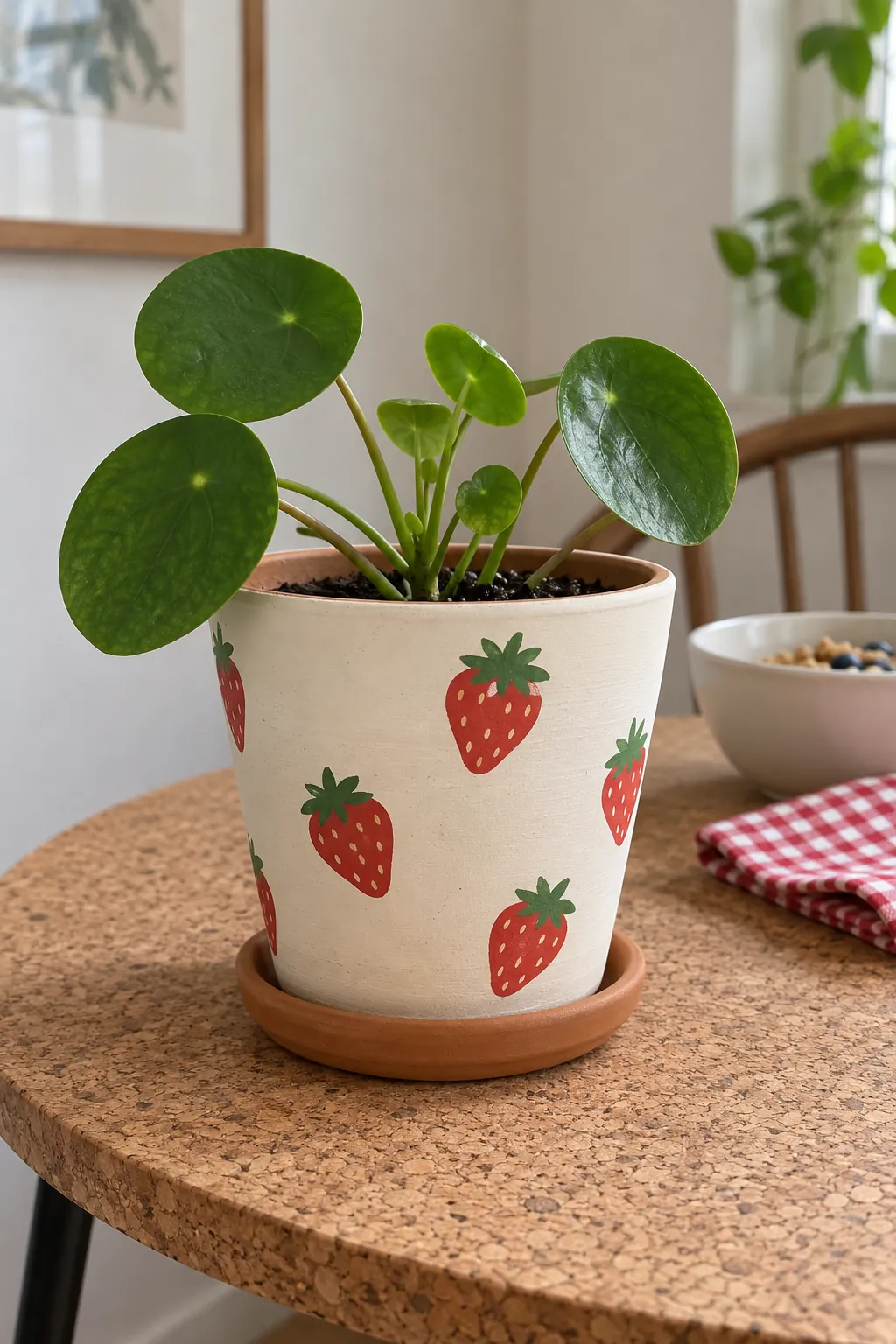 An off white terracotta pot painted with widely spaced little red strawberries, pale seeds and small green crowns, containing a young pilea