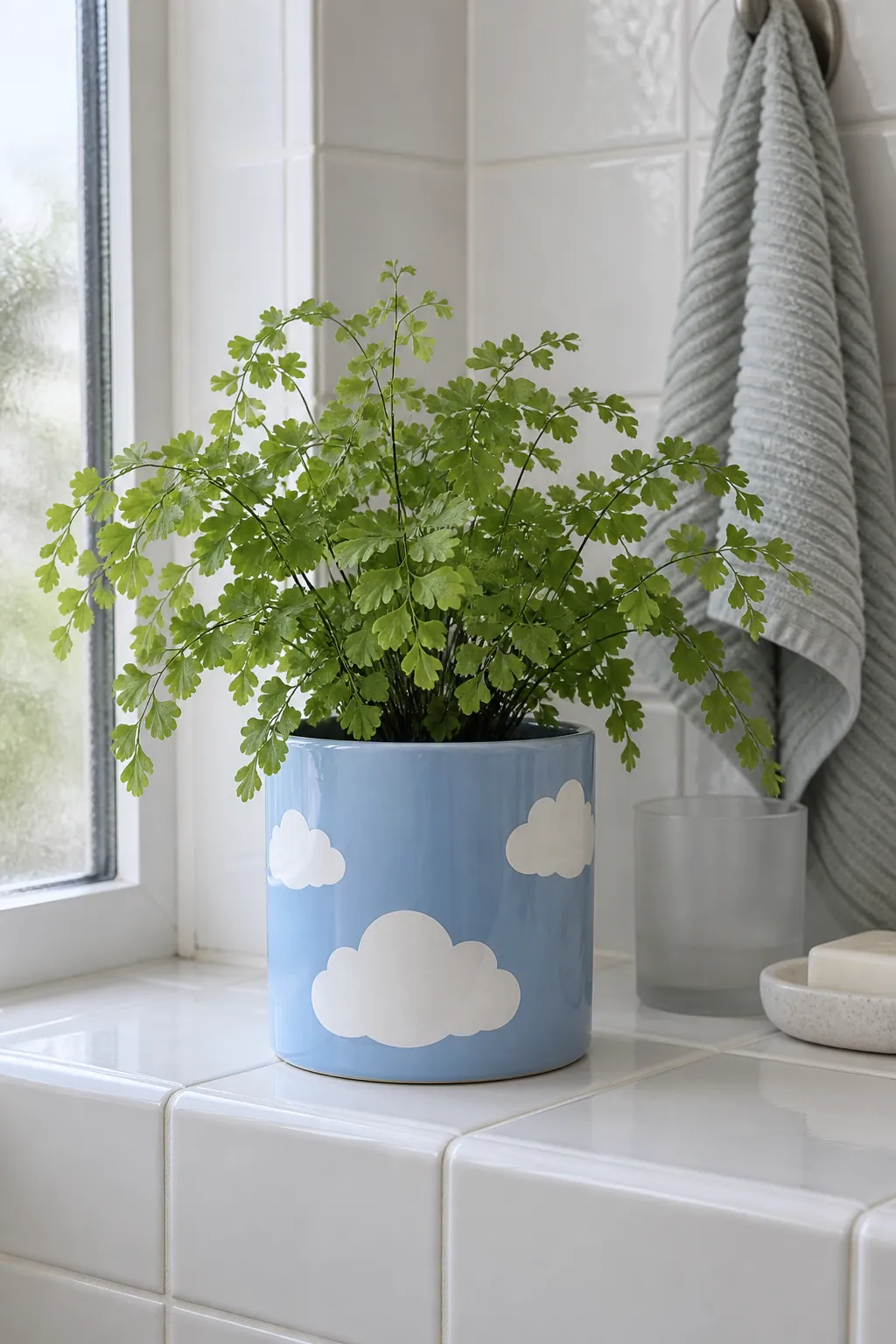 A sky blue ceramic cylinder with three soft white painted cloud silhouettes and a healthy small maidenhair fern in a removable liner