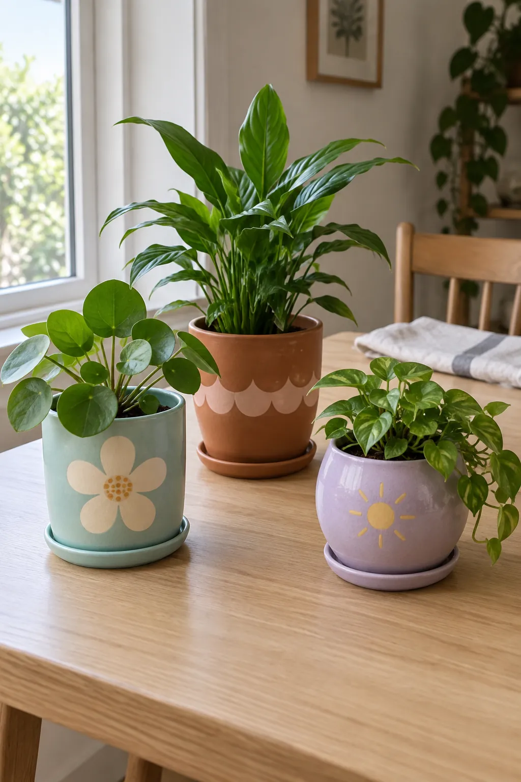 Three cute painted plant pots with flowers and simple colorful motifs on a home window table