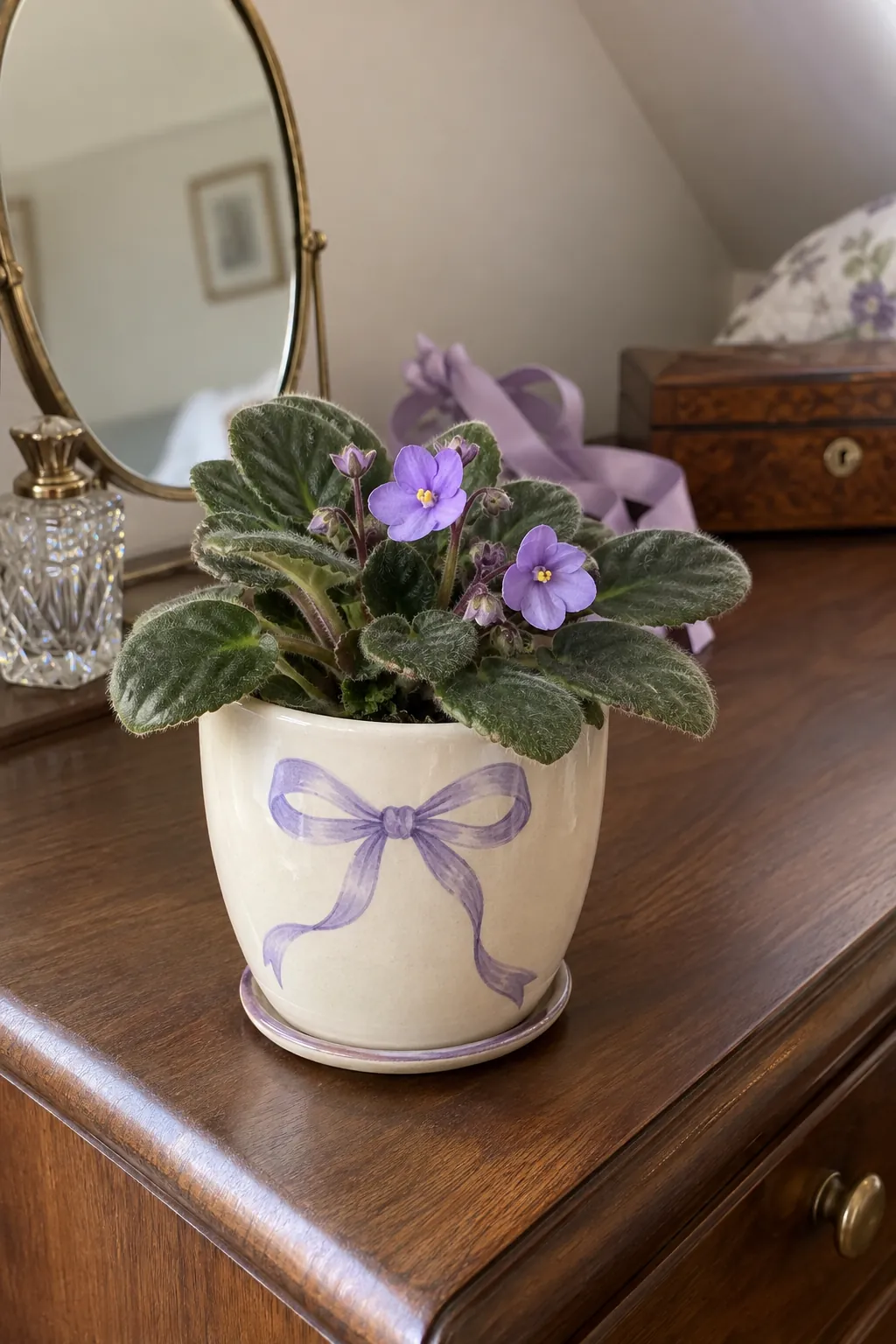 An ivory stoneware flowerpot with one hand painted lavender ribbon bow and narrow curved ribbon tails, holding a small African violet