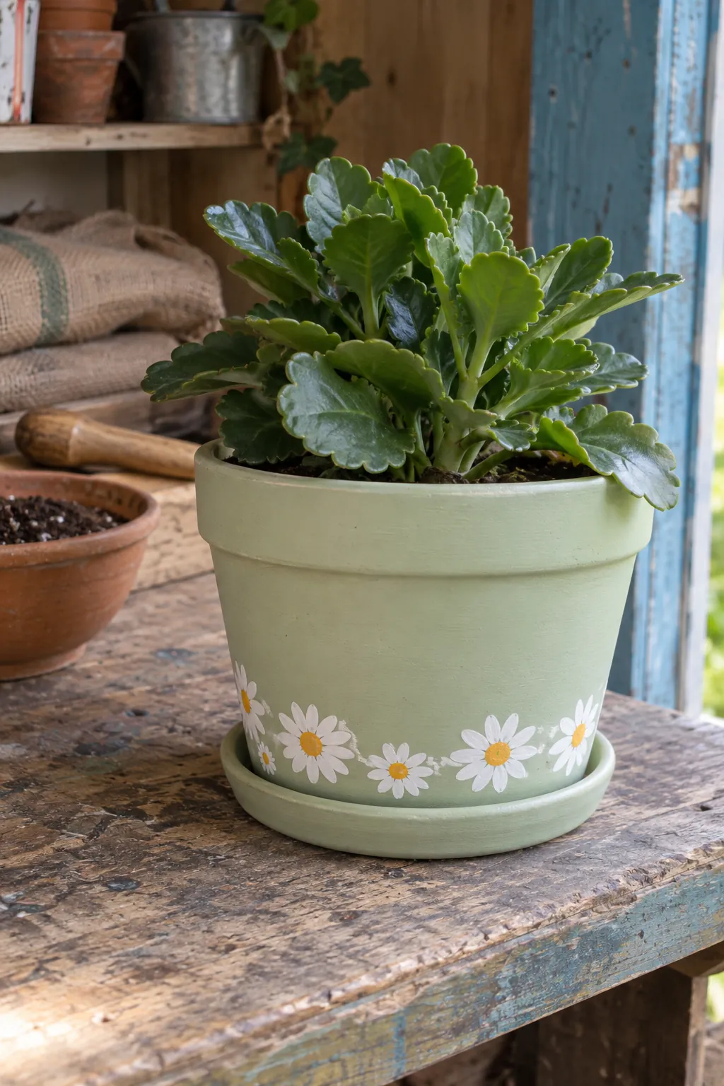 A broad pale green terracotta planter with a low painted border of white daisies and ochre centers, holding a compact leafy kalanchoe without blooms