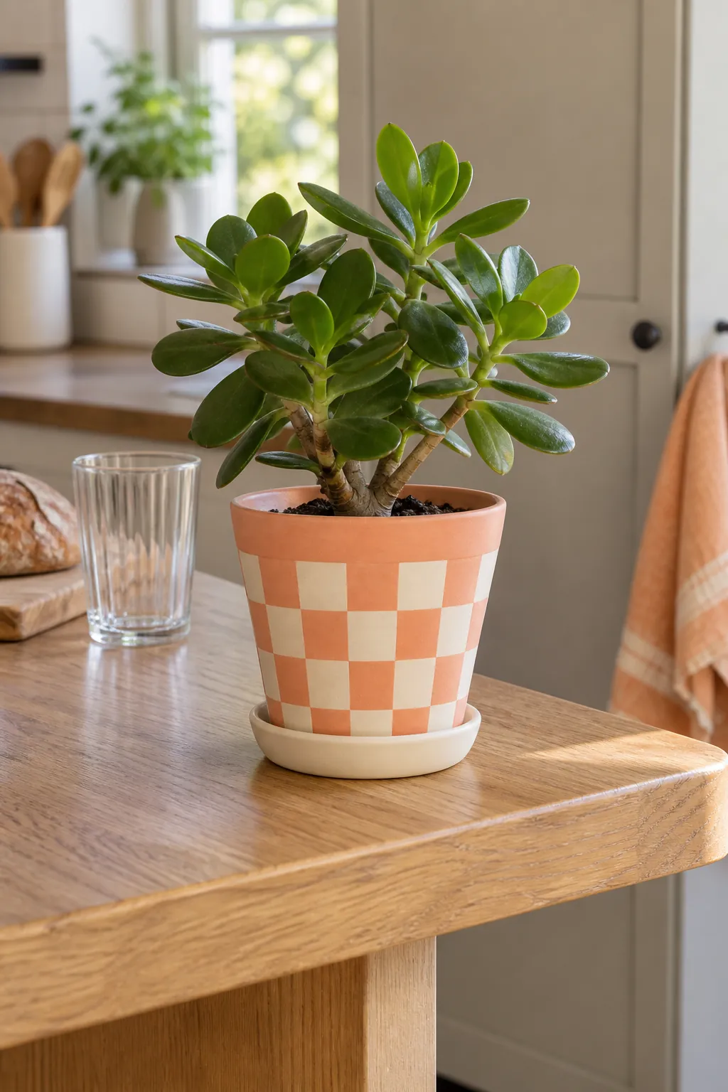A small tapered peach and cream checkerboard pot with a compact green jade plant