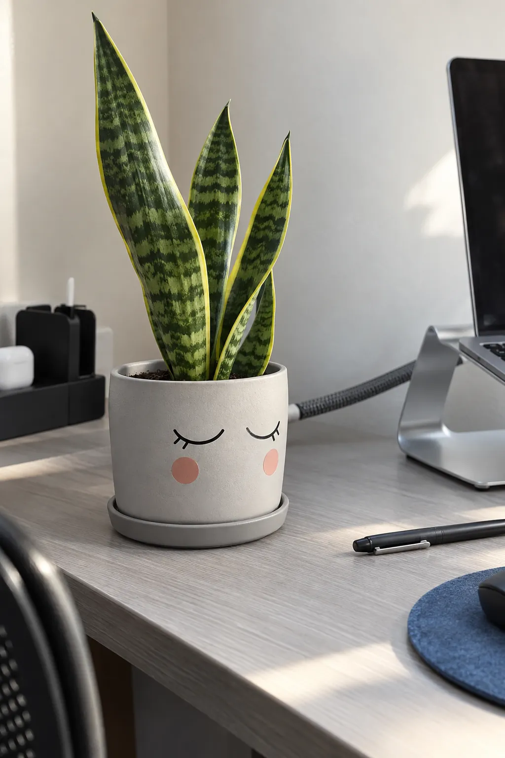 A matte pale gray pot bearing two painted closed eyelids and small dusty rose cheek circles, with a young upright snake plant