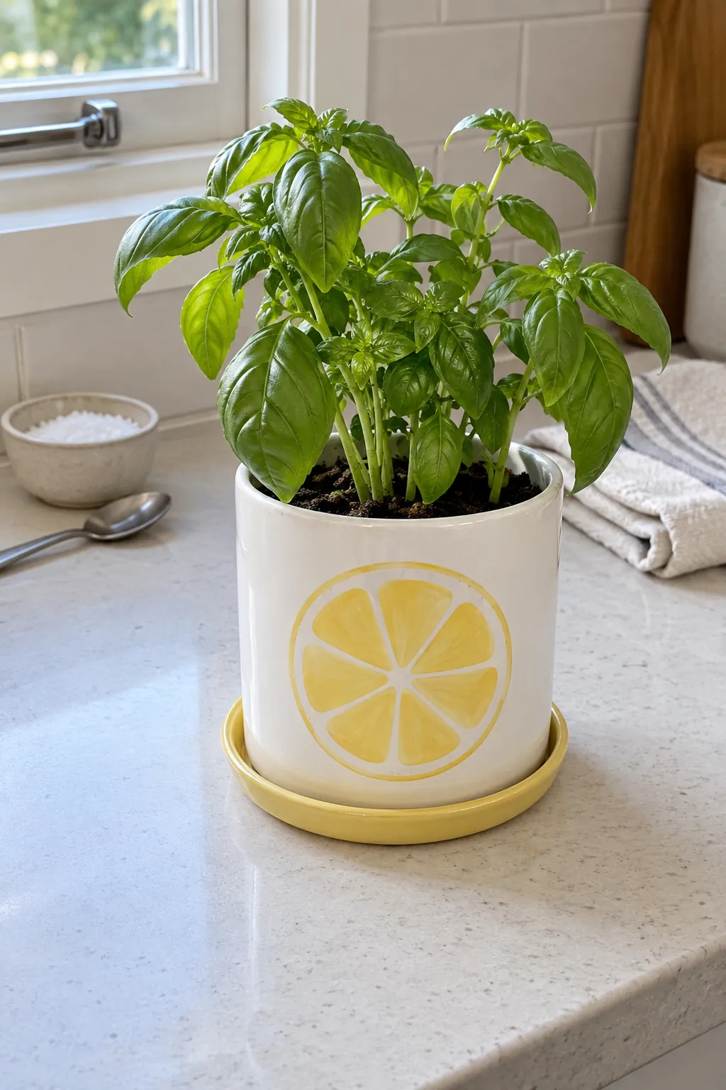 A clean white cylindrical pot with one painted lemon slice on its front, holding a small basil plant