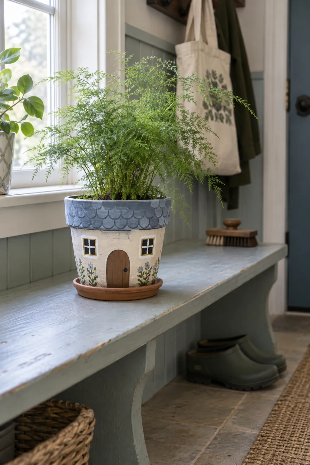 A clay pot painted as a tiny cottage with a dusty blue roof band, two cream windows and an arched brown door, containing a small asparagus fern