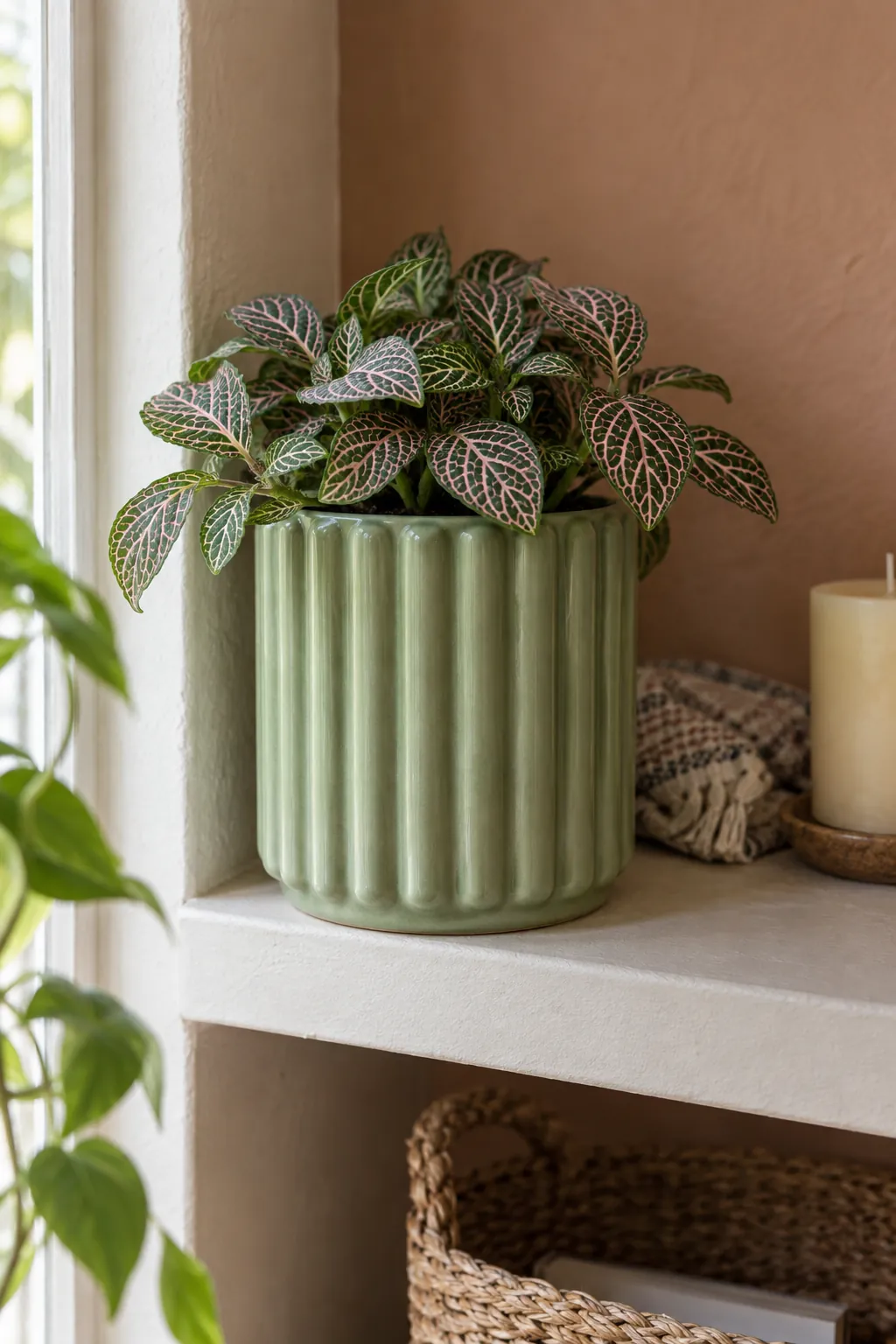 A sage glazed stoneware cylinder with deep rounded vertical ripples, planted with a low mound of fittonia