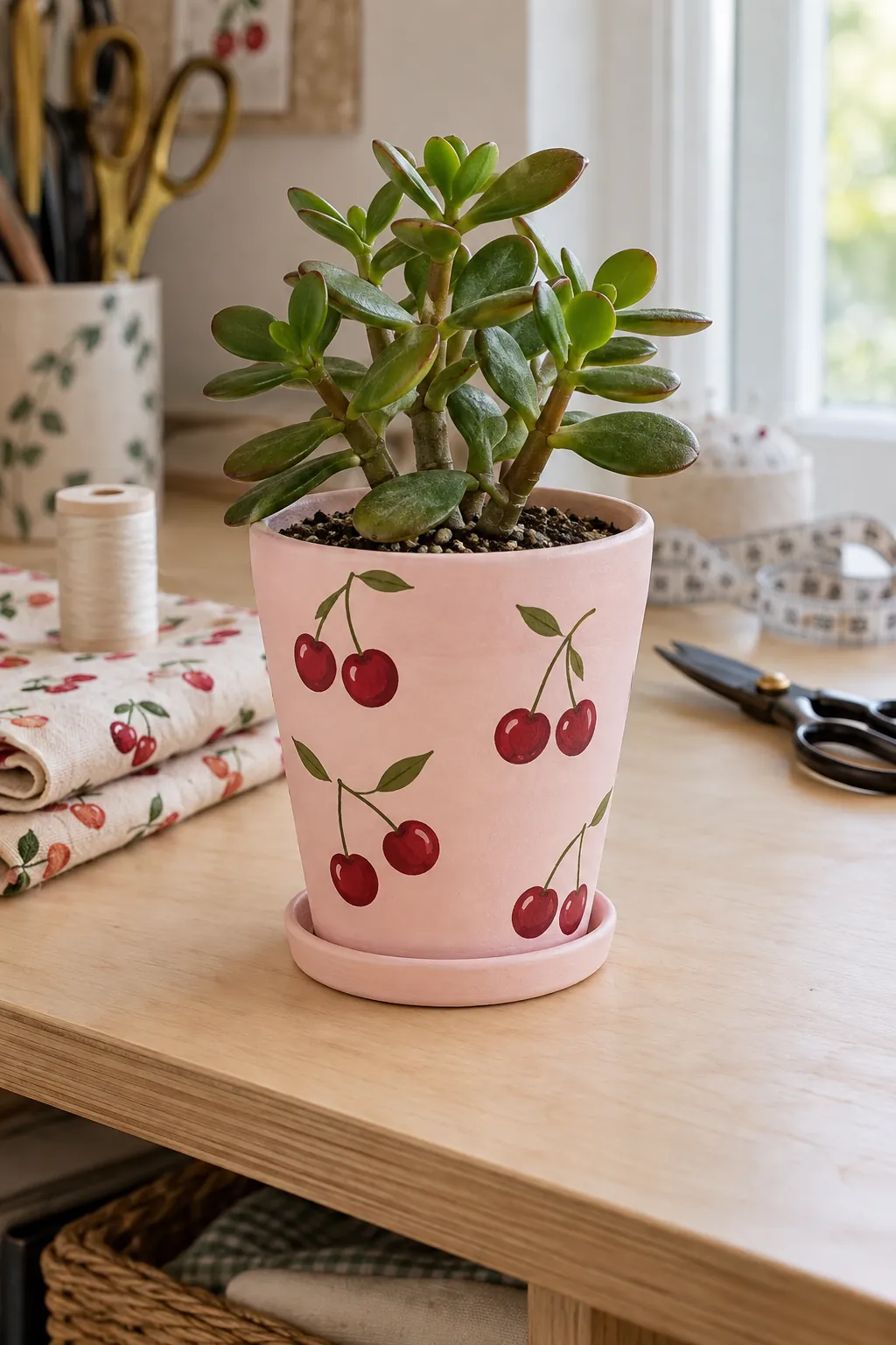 A pale pink terracotta pot scattered with four painted cherry pairs and fine olive stems, containing a small upright crassula