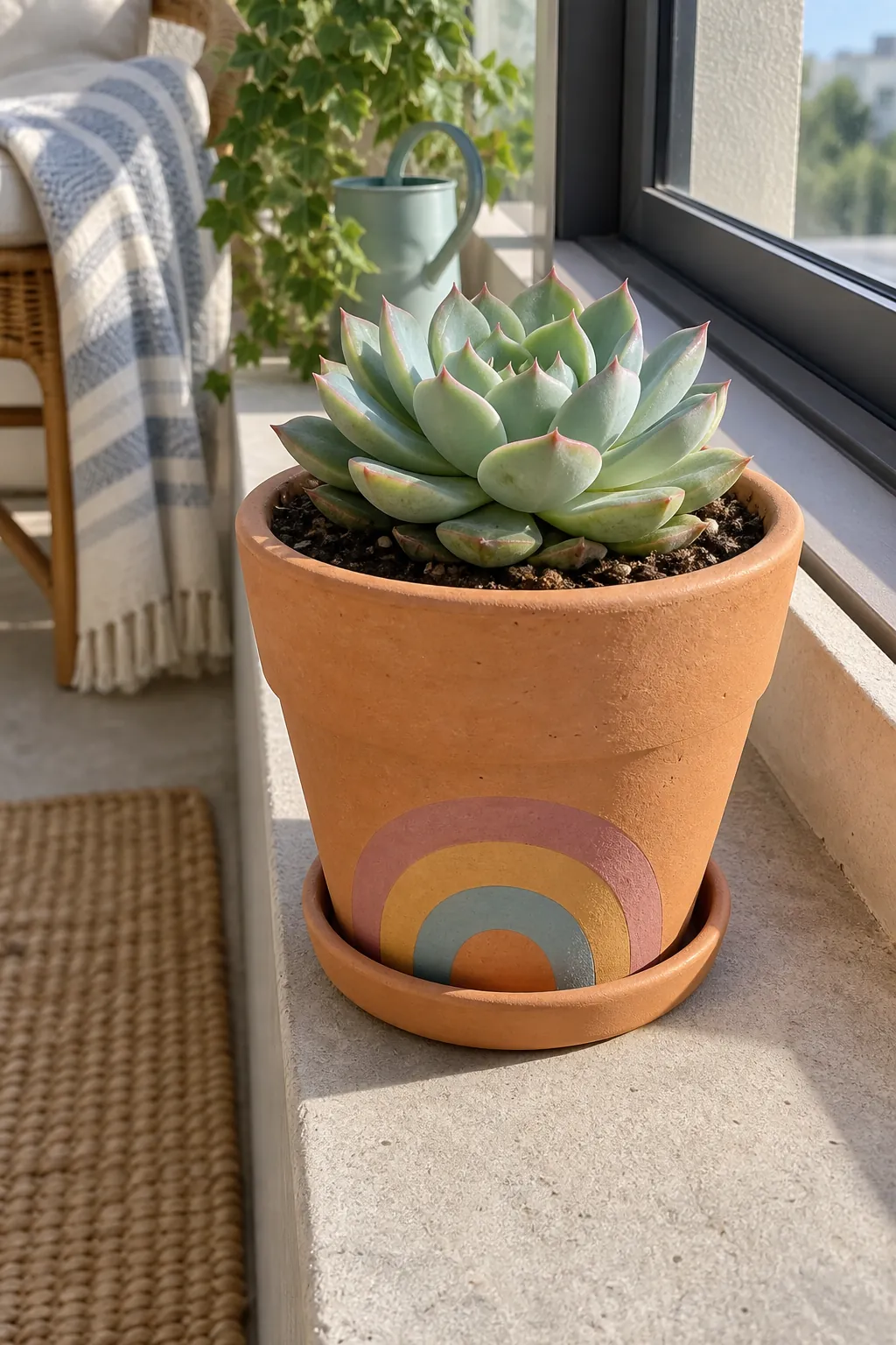 An exposed terracotta pot with a small three band muted rainbow rising from its lower front and a young echeveria rosette