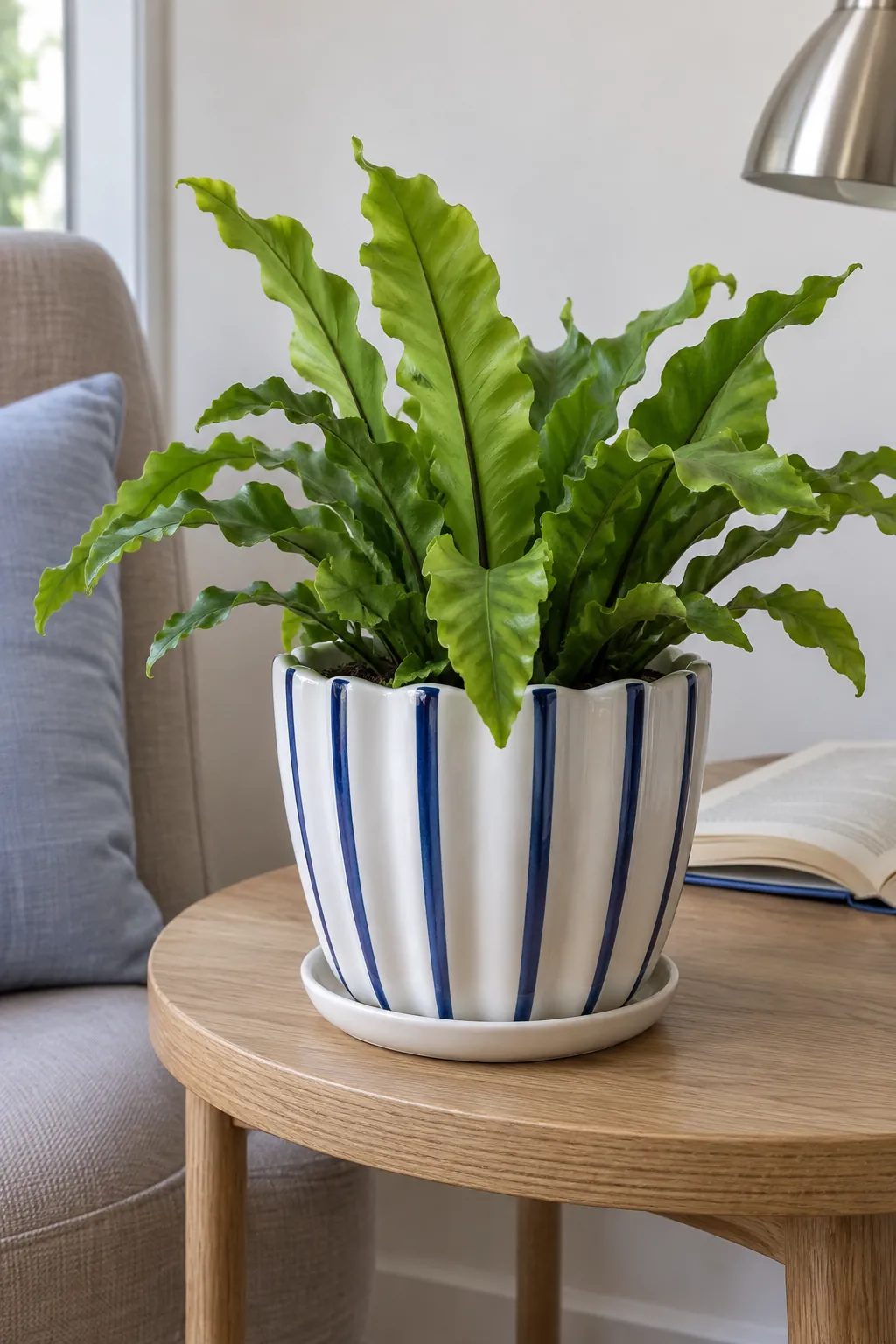A white fluted porcelain cachepot with narrow blue painted stripes following alternate ridges, holding a compact bird's nest fern